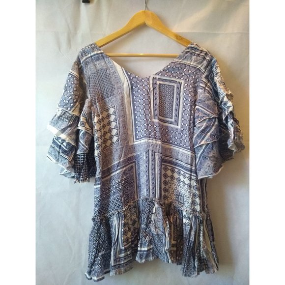 NWT Pure Nordic Blue & White V-Neck Tiered Short Sleeve Babydoll Blouse Size M - Picture 5 of 6